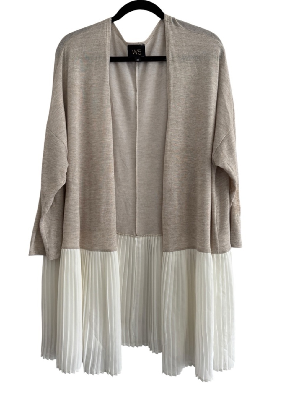 W5 Women's Beige Open Cardigan with Cream Pleated Hemline Size 3X
